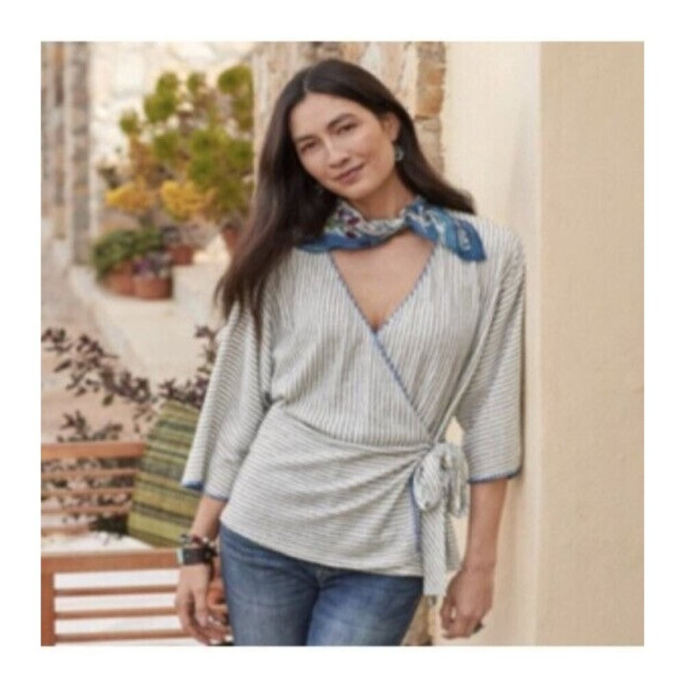 Sundance Linen Blue Freya Wrap Top Women’s XS Whipstitch Striped Coastal Preppy